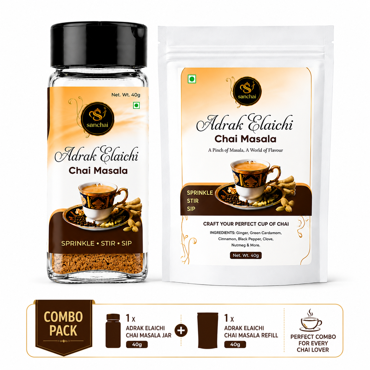 sanchai adrak elaichi chai masala jar + refill combo | 40g + 40g